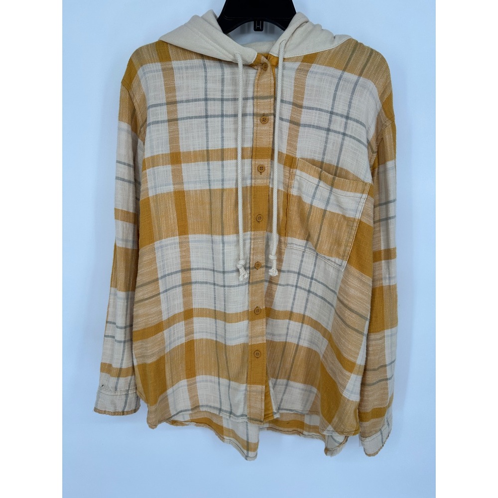 American Eagle Womens Large Plaid Hooded Flannel Shirt Mustard Yellow Button Up